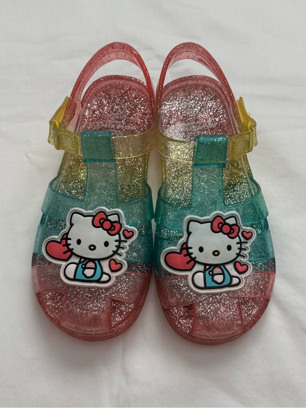 Kids Glitter Jelly Sandals with Hello Kitty Accent - Pink, Teal, Yellow